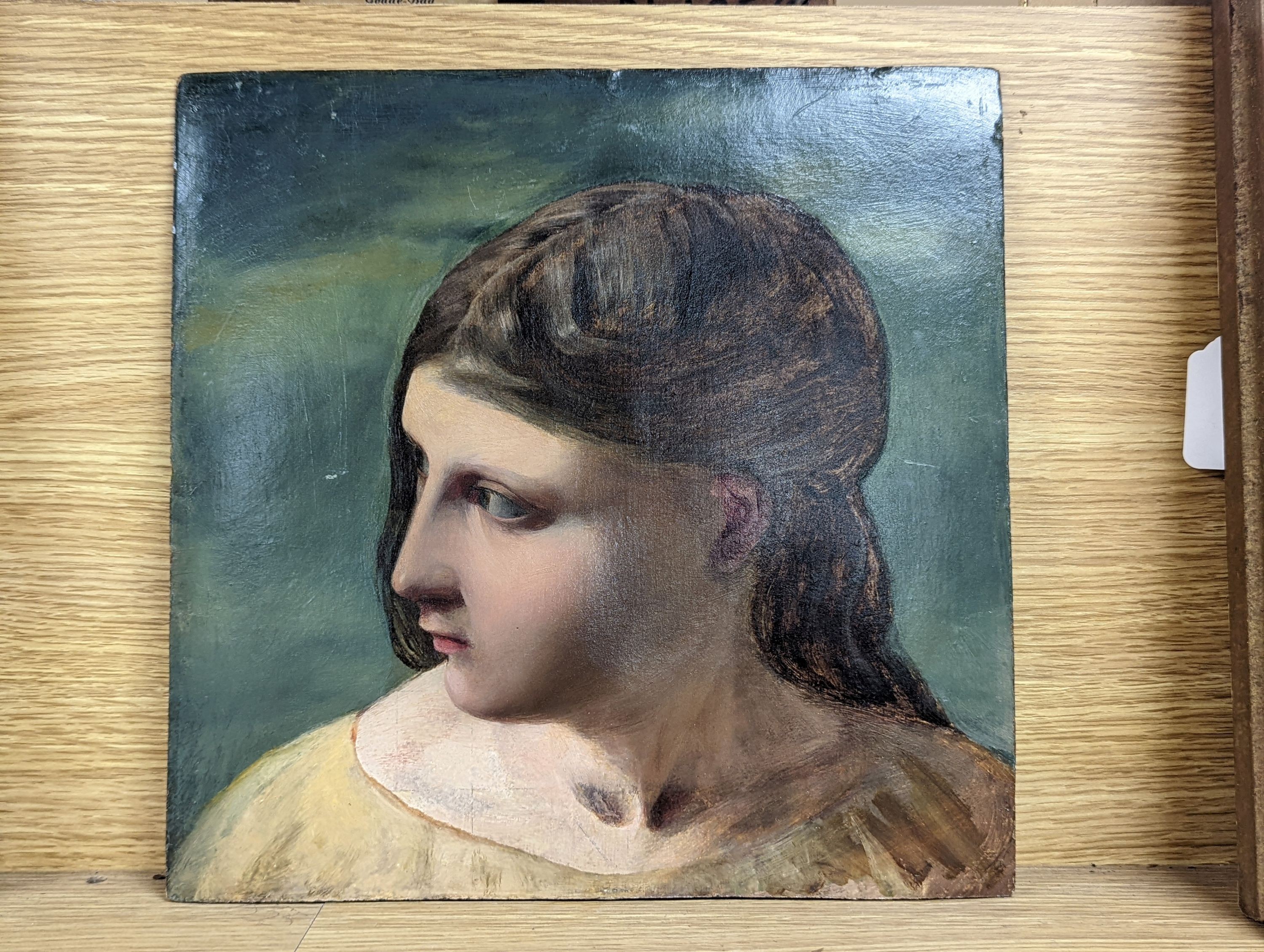 Paul Falconer Poole R.A (1807-1879), oil on mill board, 'Head of a female', label verso, 31 x 31.5cm, unframed